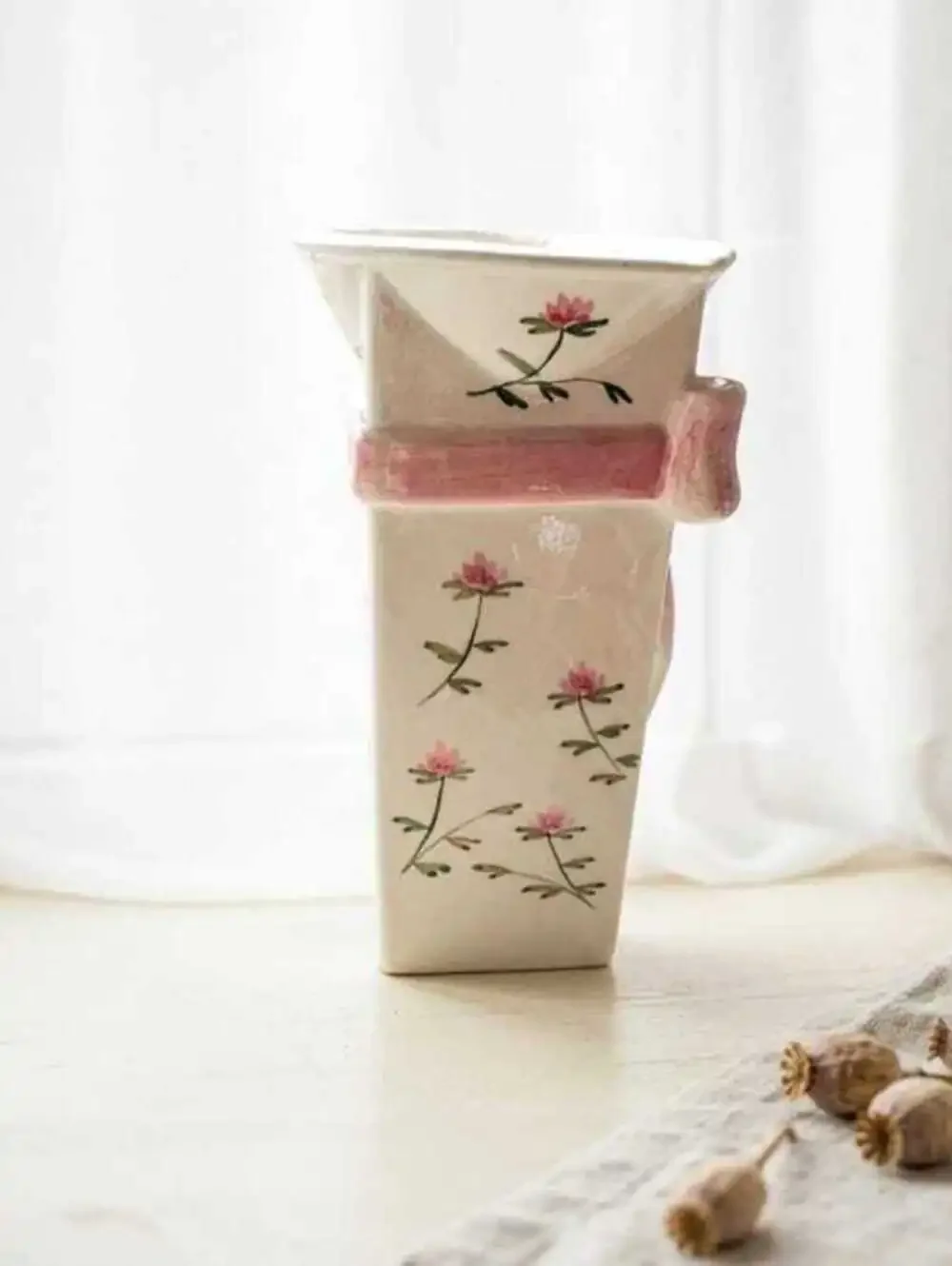 Coastal Granny Decor Rose Motif Vase, Pink Ceramic, Small Mantel Accent